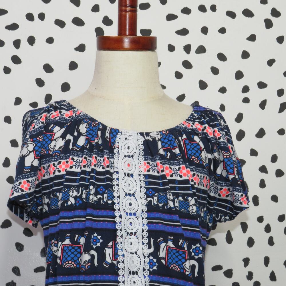 Heart + Arrow Blue Elephant Print Crochet Trim Girls Romper - Picture 2 of 6